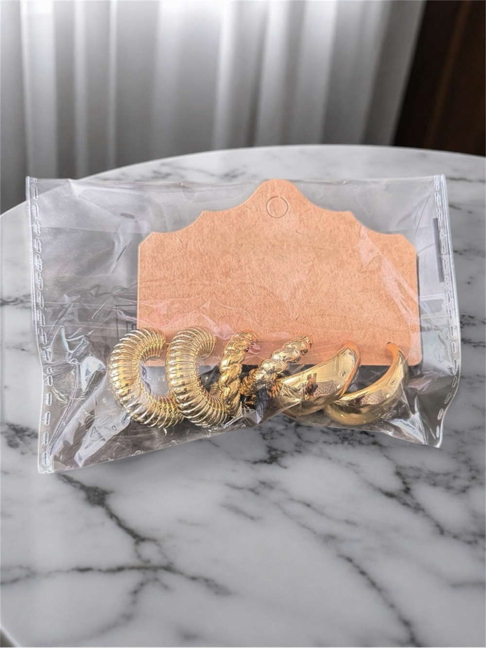 Gold Hoop Earrings Set | 3 Pair Chunky Ribbed Twisted Statement Hoop Bundle - Picture 2 of 2